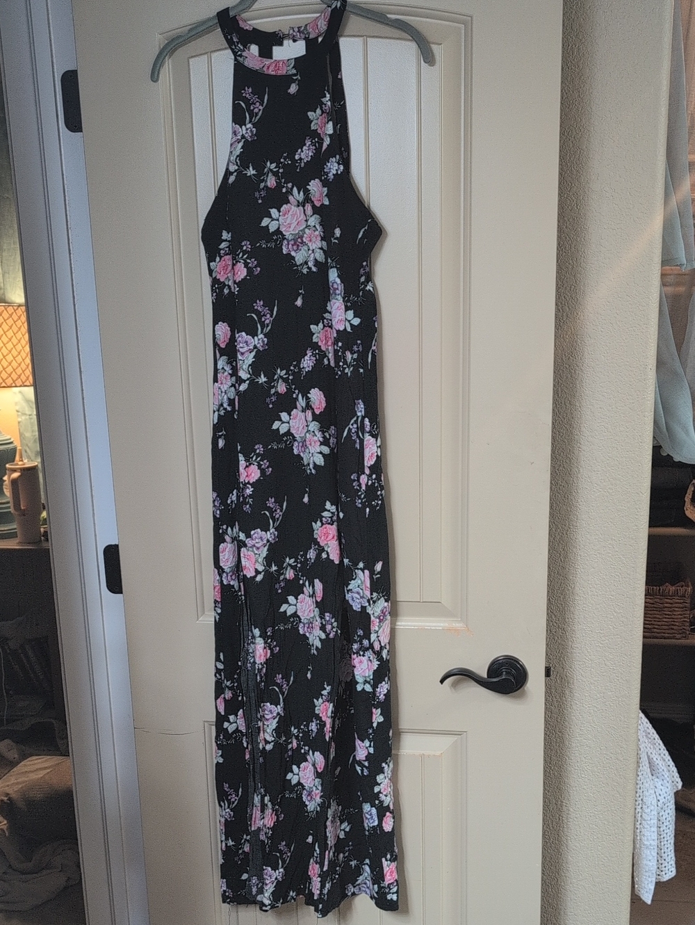 Reverse Black Floral Halter Maxi Dress with Pink Roses